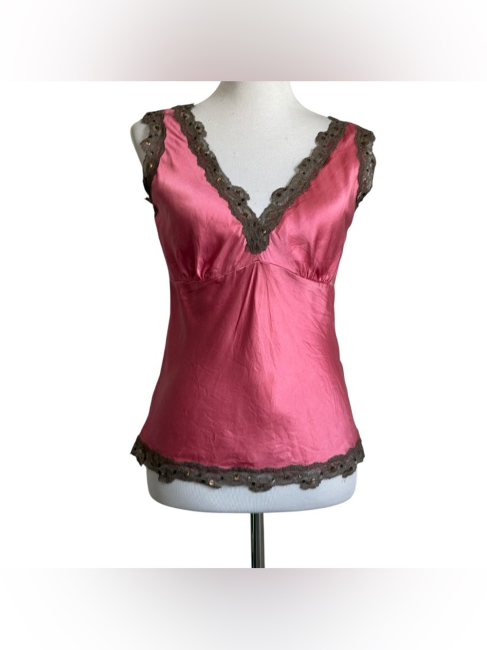Vtg Gold Hawk Women Silk Lace Cami Top Sz Medium Pink Y2K Romantic Sequin V Neck